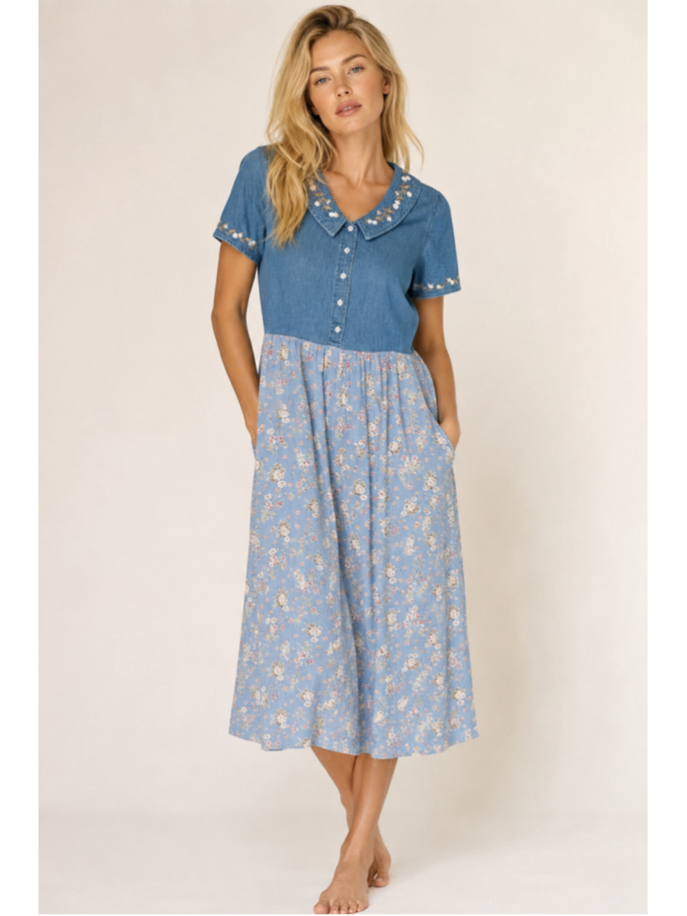 Vintage Erika & Co Denim Floral Midi Dress Cottagecore Prairie Romantic Blue Y2K